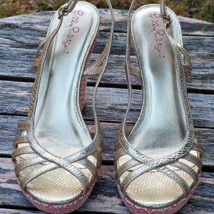 Lilly Pulitzer Sophie Gold Metallic Wedge Heels Sandals Shoes 9